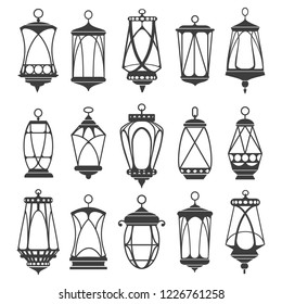 Lanterns for ramadan. Vector ramadan kareem lantern lights, arabic islamic antique hanging oil lamp set isolated on white background