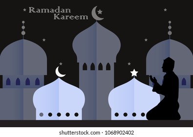 Lanterns for Ramadan wishing, Muslim feast of the holy month of Ramadan Kareem. Translation from Arabic: Generous Ramadan, silhouette of muslim man during pray