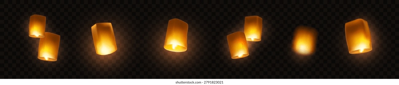 Lanterns set isolated on transparent background. Diwali festival floating lamps. Vector paper flying lights with flame