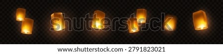 Lanterns set isolated on transparent background. Diwali festival floating lamps. Vector paper flying lights with flame