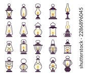 Lanterns set. Kerosene vintage old style light items recent vector stylized silhouettes of lanterns