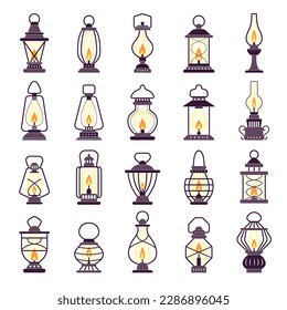 Lanterns set. Kerosene vintage old style light items recent vector stylized silhouettes of lanterns