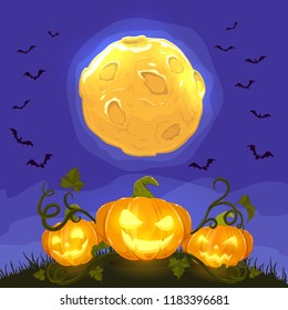 Lanterns. Smiling pumpkins on grass and full Moon on blue night sky with bats. Lettering Happy Halloween, illustration.