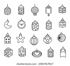 Lanterns for St. Martins Day. Coloring Page. Light festival in Germany. Hand style. Vector drawing. Collection of design elements.