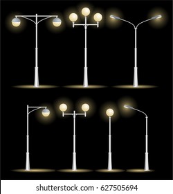 Lanterns Street Set on a Night Background Lamps Lighting of Roads and Streets City. Vector illustration