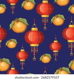 
Lanterns and tangerines background. Hand-drawn fabric pattern. Vector illustration.