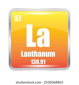 Ícone de lantânio. La elemento químico. Número atômico 57. Massa 138.91. Imagem quadrada amarela.