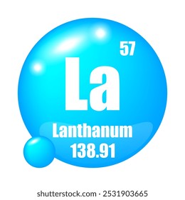 Ícone de lantânio. La elemento químico. Número atômico 57. Massa 138.91. Imagem de esfera azul. Símbolo de vetor.