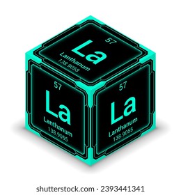 Lanthanum (La) (057) - Fundamental Element Futuristic Cybernetic Cube Block Isometric View, Icon Isolated White Background, Periodic Table, Chemical Symbol, Name, Atomic Mass, Atomic Number