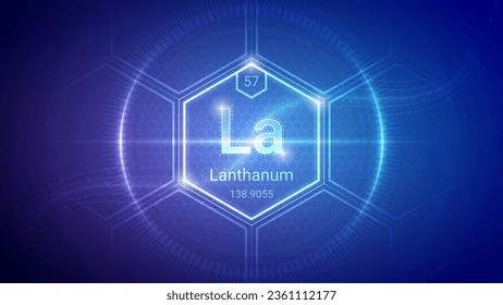 Lanthanum (La) (057) Lanthanide - Fundamental Element Futuristic Neon Light Glow Hexagon Block Grid Background Design - Periodic Table, Chemical Symbol, Name, Atomic Mass, Atomic Number