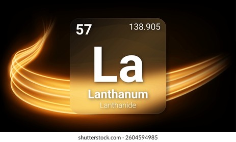 Lanthanum (La) (057) Lanthanide, Glass Morphism Element Futuristic Neon Light Glow Background Periodic Table, Chemical Symbol, Name, Atomic Mass, Atomic Number, Vector Illustration