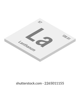 Lanthanum, La, gray 3D isometric illustration of periodic table element with name, symbol, atomic number and weight. Rare earth metal with various industrial uses, such as in lighting, batteries, and