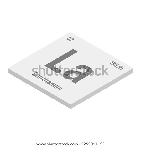 Lanthanum, La, gray 3D isometric illustration of periodic table element with name, symbol, atomic number and weight. Rare earth metal with various industrial uses, such as in lighting, batteries, and
