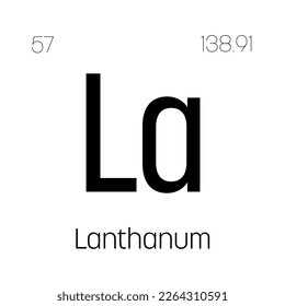 Lanthanum, La, periodisches Tischelement mit Namen, Symbol, Atomnummer und Gewicht. Seltenes Erdmetall mit verschiedenen industriellen Verwendungen, wie z. B. in Beleuchtung, Batterien und als Bestandteil in bestimmten Legierungen.