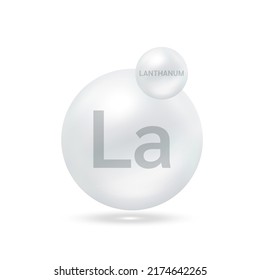 Molécula de lantanio modelos plateados. Gas natural. Ecología y concepto bioquímico. Esferas aisladas sobre fondo blanco. Ilustración de vectores 3D.