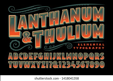 Lanthanum and Thulium is a vintage style decorative alphabet in muted green and red-orange tones.