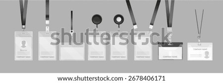 Lanyard ID cards with different designs and holders. Vector realistic permits mockup for corporate branding, business identity presentation or event management. Horizontal and vertical badges