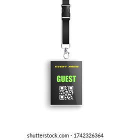 Lanyard, retractor and security entrance badge template, realistic vector Illustration isolated on white background. Vip guest or press identification card mockup.