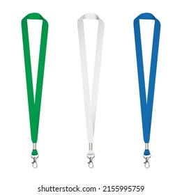 lanyard vector illustration, Green , White and Blue lanyard isolated in white back ground, Blank plain lanyard for mock design, Lanyard realistic veiw