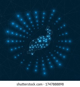 Mapa digital de Lanzarote. Rayos brillantes irradiando desde la isla. Conexiones de red y diseño de telecomunicaciones. Ilustración vectorial.