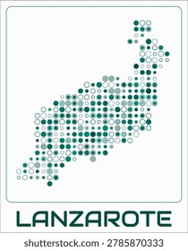 Lanzarote digital style map. Large circle dots on white background. Dotted shape of the island. Lanzarote map and title. Classy vector illustration.