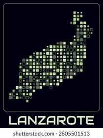 Lanzarote digital style map. Large roundedSquare dots on dark background. Dotted shape of the island. Lanzarote map and title. Elegant vector illustration.