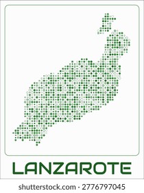 Lanzarote digital style map. Small circle dots on white background. Dotted shape of the island. Lanzarote map and title. Stylish vector illustration.