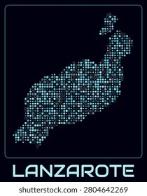 Lanzarote digital style map. Small circle dots on dark background. Dotted shape of the island. Lanzarote map and title. Classy vector illustration.