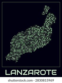 Lanzarote digital style map. Small square dots on dark background. Dotted shape of the island. Lanzarote map and title. Classy vector illustration.