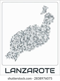 Lanzarote digital style map. Small roundedSquare dots on white background. Dotted shape of the island. Lanzarote map and title. Modern vector illustration.