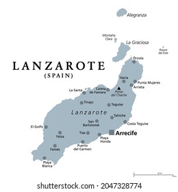 Lanzarote, graue politische Landkarte mit Hauptstadt Arrecife. Kanarische Inseln im Nordosten und östlichsten Teil der Kanarischen Inseln, eine Inselgruppe und autonome Gemeinschaft Spanien, im Atlantischen Ozean vor der Küste Afrikas.