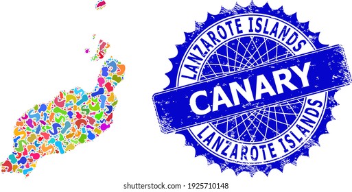 Lanzarote Islands map flat illustration. Splash mosaic map and corroded stamp seal for Lanzarote Islands. Sharp rosette blue stamp seal with caption for Lanzarote Islands map.