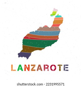 Lanzarote map design. Shape of the island with beautiful geometric waves and grunge texture. Trendy vector illustration.