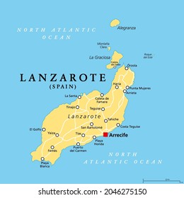 Lanzarote, politische Landkarte, mit Hauptstadt Arrecife. Kanarische Inseln im Nordosten und östlichsten Teil, Inselgruppe und autonome Gemeinschaft Spanien, im Atlantischen Ozean vor der Küste Afrikas.