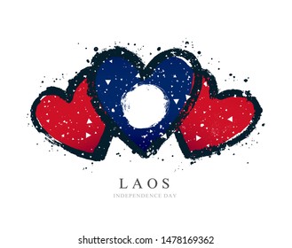 Lao flag in the form of three hearts. Vector illustration on a white background. Brush strokes are drawn by hand. Laos Independence Day.