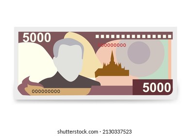 Lao Kip Vector Illustration. Laos money set bundle banknotes. Paper money 5000 LAK. Flat style. Isolated on white background. Simple minimal design.