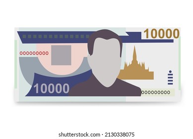 Lao Kip Vector Illustration. Laos money set bundle banknotes. Paper money 10000 LAK. Flat style. Isolated on white background. Simple minimal design.