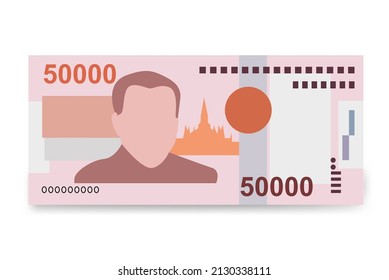 Ilustración de vectores Lao Kip. El dinero de Laos puso billetes en paquete. Dinero en papel 50000 LAK. Estilo plano. Aislado sobre fondo blanco. Diseño sencillo y mínimo.