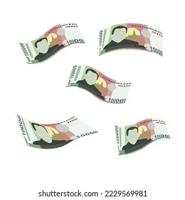 Lao Kip Vector Illustration. Laos money set bundle banknotes. Falling, flying money 100000 LAK. Flat style. Isolated on white background. Simple minimal design.