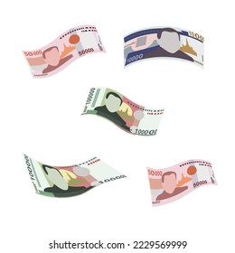 Lao Kip Vector Illustration. Laos money set bundle banknotes. Falling, flying money 10000, 50000, 100000 LAK. Flat style. Isolated on white background. Simple minimal design.
