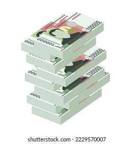 Ilustración de vectores Lao Kip. El dinero de Laos puso billetes en paquete. Dinero en papel 100000 LAK. Estilo plano. Aislado sobre fondo blanco. Diseño sencillo y mínimo.