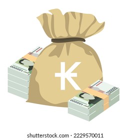 Lao Kip Vector Illustration. Laos money set bundle banknotes. Money bag 100000 LAK. Flat style. Isolated on white background. Simple minimal design.