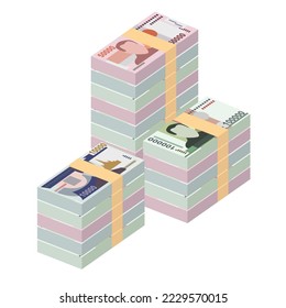 Lao-Kip-Vektorgrafik. Laos Geld Paket Banknoten. Papiergeld 10000, 50000, 100000 LAK. Flacher Stil. Einzeln auf weißem Hintergrund. Einfaches minimales Design.