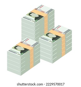 Lao Kip Vector Illustration. Laos money set bundle banknotes. Paper money 100000 LAK. Flat style. Isolated on white background. Simple minimal design.