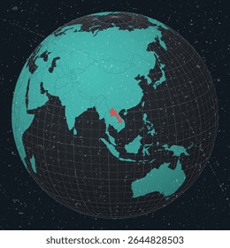 Lao People's Democratic Republic on a globe with a vintage look and grunge scratched texture. The country is highlighted on a world map in a dark charcoal and turquoise color palette.