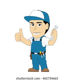 Lao Serviceman professional worker maintenance repair cartoon character vector blue