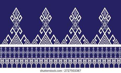 Lao Silk White and Blue, Lao Pattern 2026, Intricate white tribal pattern on dark blue background