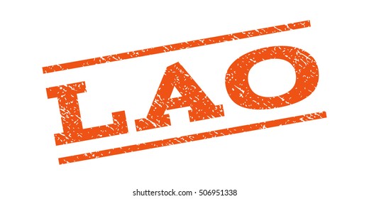 Lao watermark stamp. Text caption between parallel lines with grunge design style. Rubber seal stamp with unclean texture. Vector orange color ink imprint on a white background.
