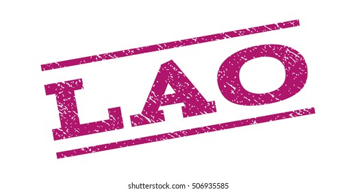 Lao watermark stamp. Text tag between parallel lines with grunge design style. Rubber seal stamp with unclean texture. Vector purple color ink imprint on a white background.