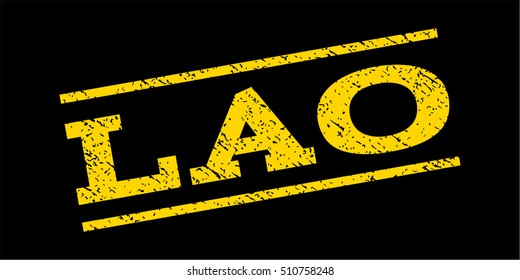 Lao watermark stamp. Text tag between parallel lines with grunge design style. Rubber seal stamp with unclean texture. Vector yellow color ink imprint on a blue background.